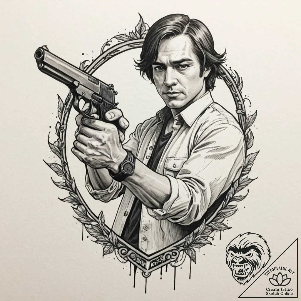 A neo-traditional portrait of anton chigurh w... - tattoo sketch (№1751664523_0, 04.07.2025 21:28) — tattoovalue.net