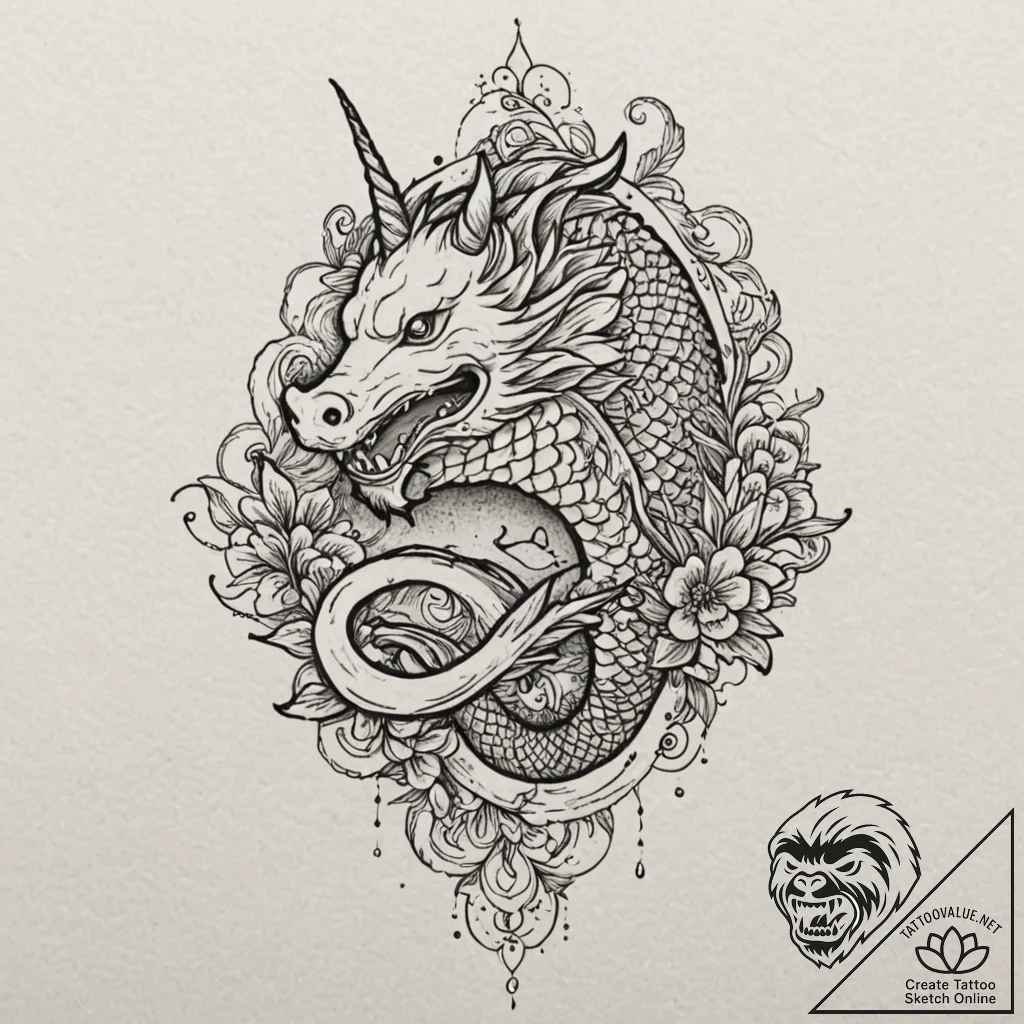 A linework tattoo of a unicorn, in a medieval... - tattoo sketch (№1751665183_0, 04.07.2025 21:39) — tattoovalue.net