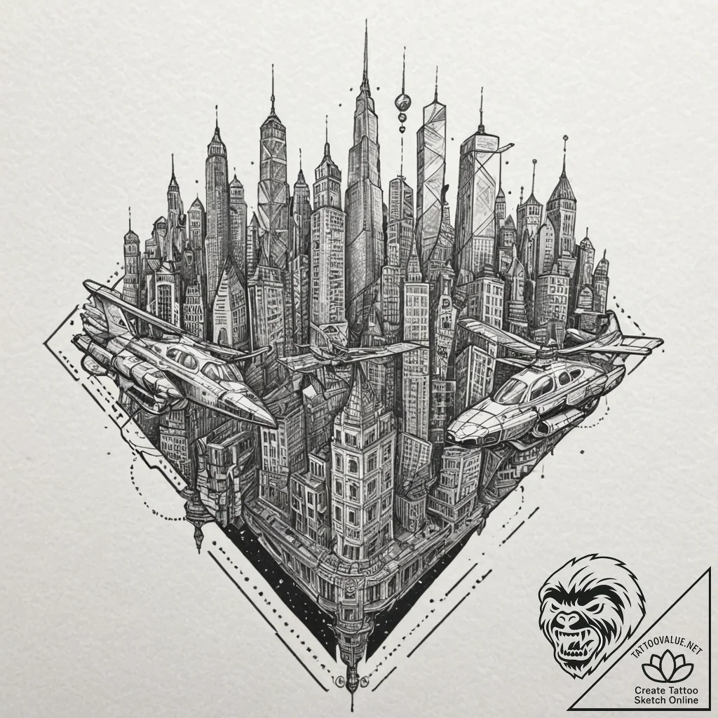 Dystopian city skyline with flying vehicles,... - tattoo sketch (№1751665343_0, 04.07.2025 21:42) — tattoovalue.net