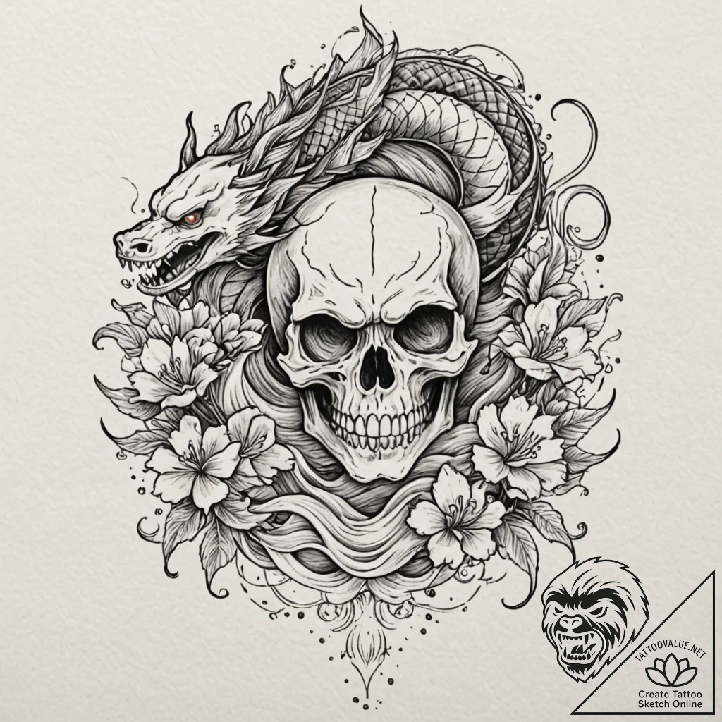 A skull used as an inkwell with a quill, tatt... - tattoo sketch (№1751665688_0, 04.07.2025 21:48) — tattoovalue.net