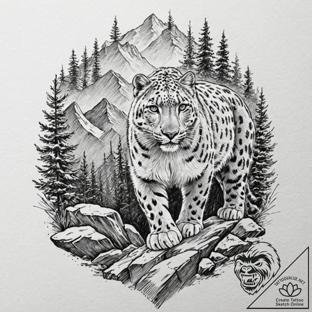 A snow leopard in the mountains (is there, bu... - tattoo sketch (№1751666370_0, 04.07.2025 21:59) — tattoovalue.net