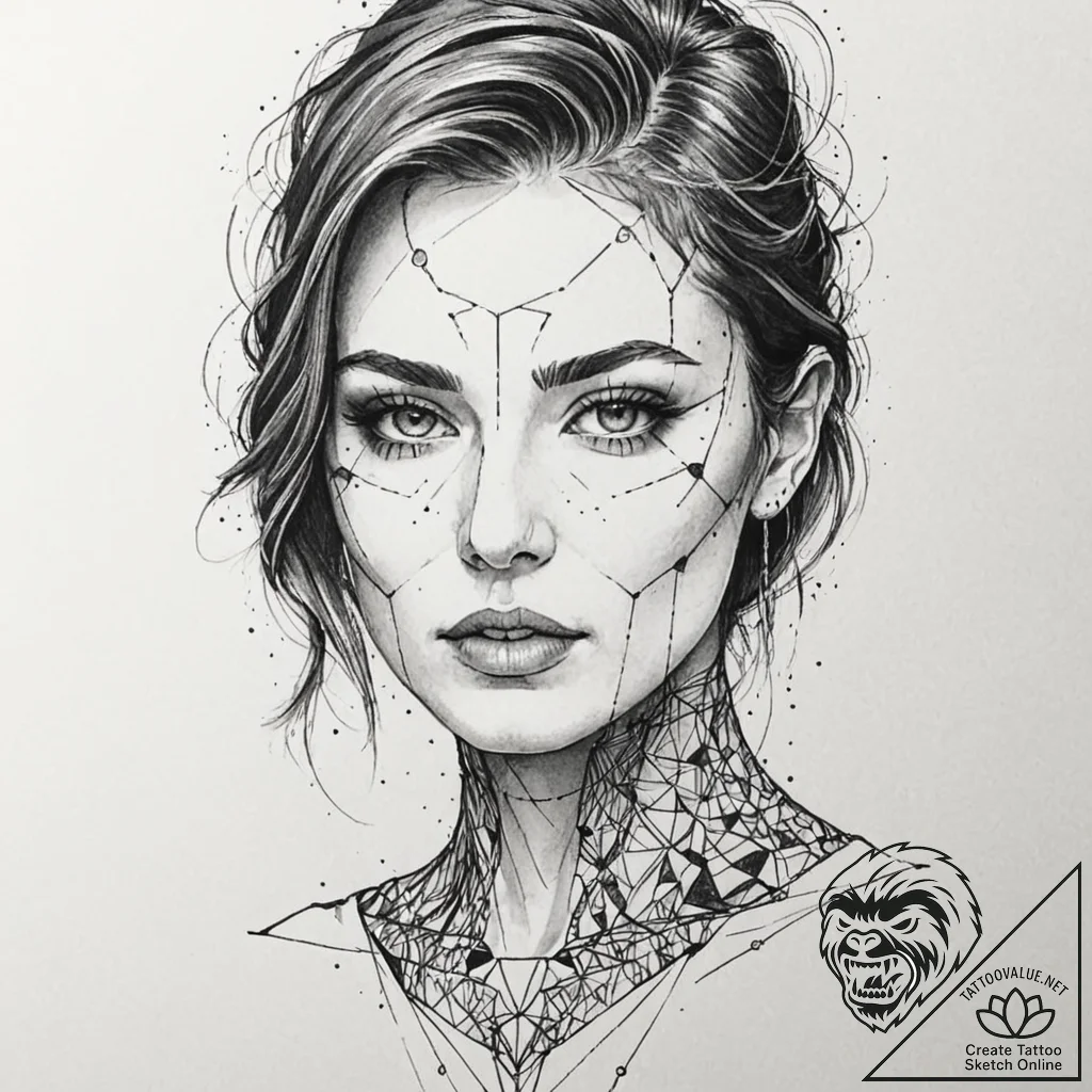 Trash polka style face of a replicant, half f... - tattoo sketch (№1751667441_0, 04.07.2025 22:17) — tattoovalue.net