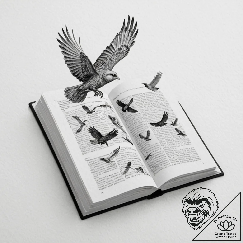 A book with pages turning into birds, ink ill... - tattoo sketch (№1751667614_0, 04.07.2025 22:20) — tattoovalue.net