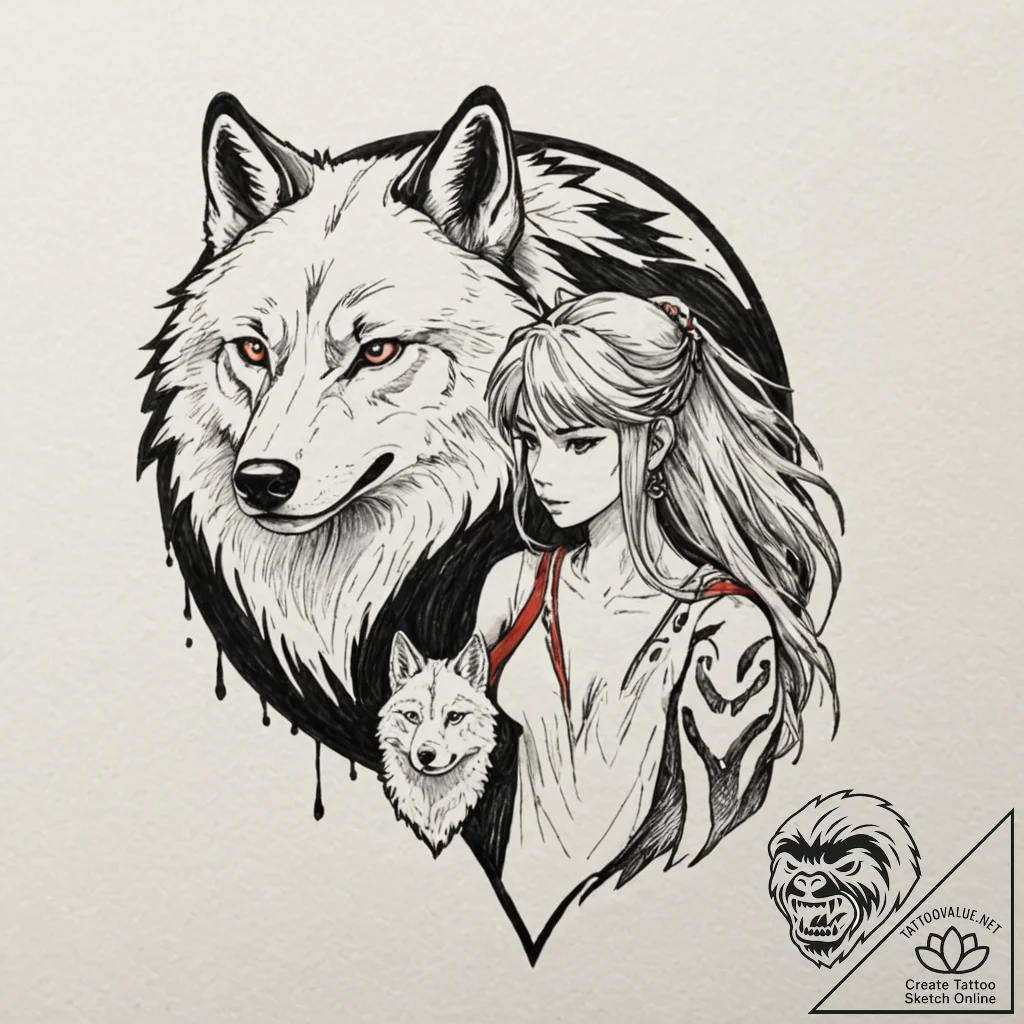 A neo-traditional portrait of princess monono... - tattoo sketch (№1751668037_0, 04.07.2025 22:27) — tattoovalue.net