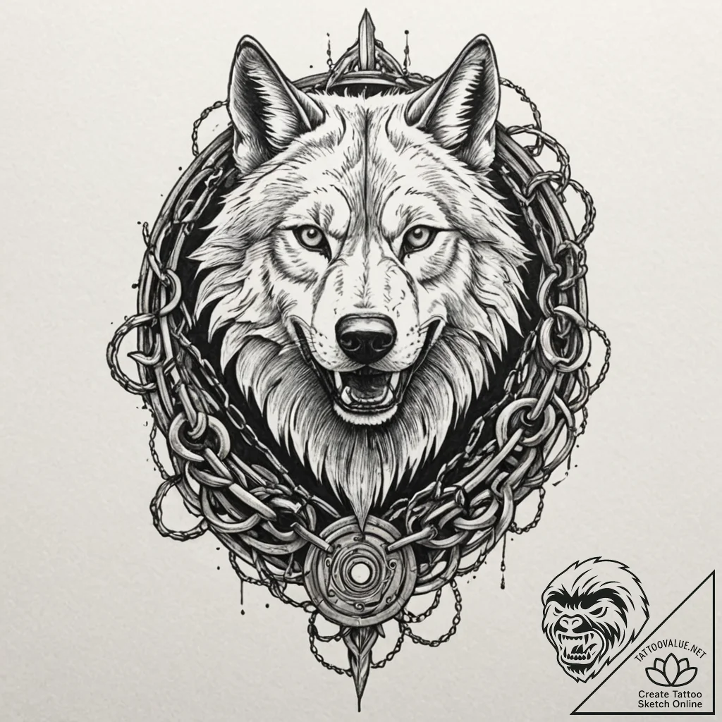 A trash polka tattoo of fenrir, the giant wol... - tattoo sketch (№1751668293_0, 04.07.2025 22:31) — tattoovalue.net