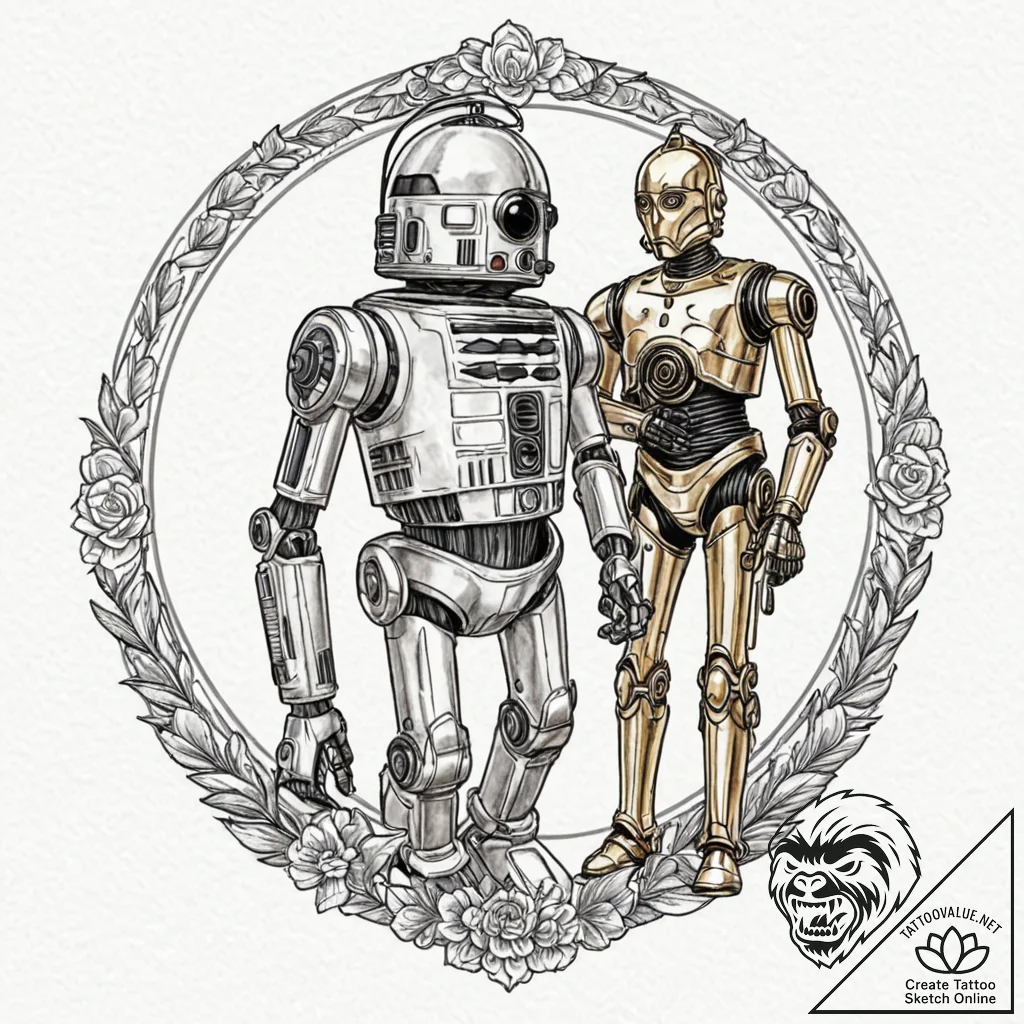 A watercolor sketch of r2-d2 and c-3po, best... - tattoo sketch (№1751669567_0, 04.07.2025 22:52) — tattoovalue.net