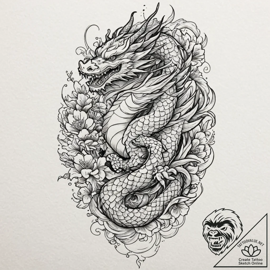 Fractal dragon, tattoo drawing outline, dynam... - tattoo sketch (№1751672435_0, 04.07.2025 23:40) — tattoovalue.net