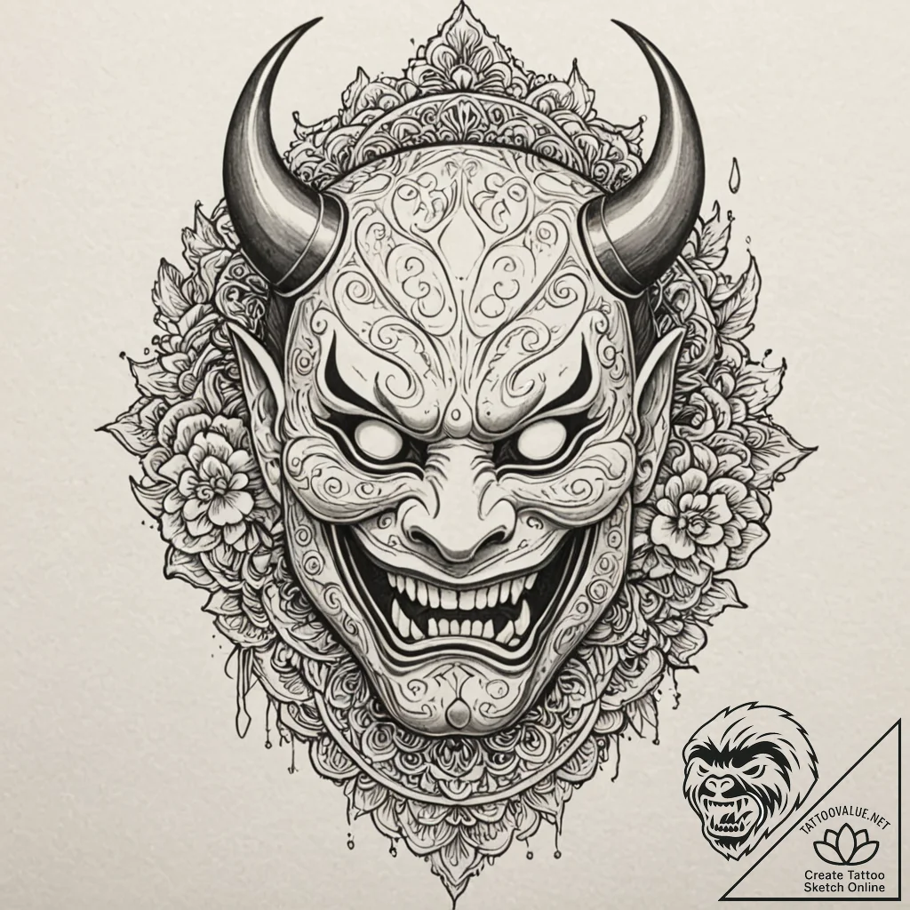 A japanese hannya mask, ink illustration for... - tattoo sketch (№1751673451_0, 04.07.2025 23:57) — tattoovalue.net
