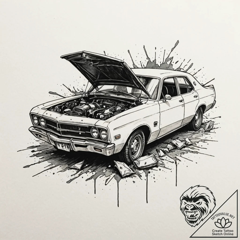 A trash polka tattoo of the car crash scene f... - tattoo sketch (№1751674561_0, 05.07.2025 00:16) — tattoovalue.net