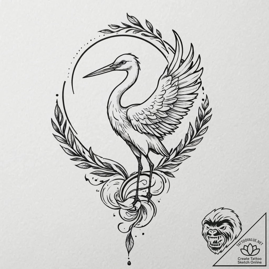 Stork, artistic tattoo sketch, soft whip shad... - tattoo sketch (№1751675838_0, 05.07.2025 00:37) — tattoovalue.net