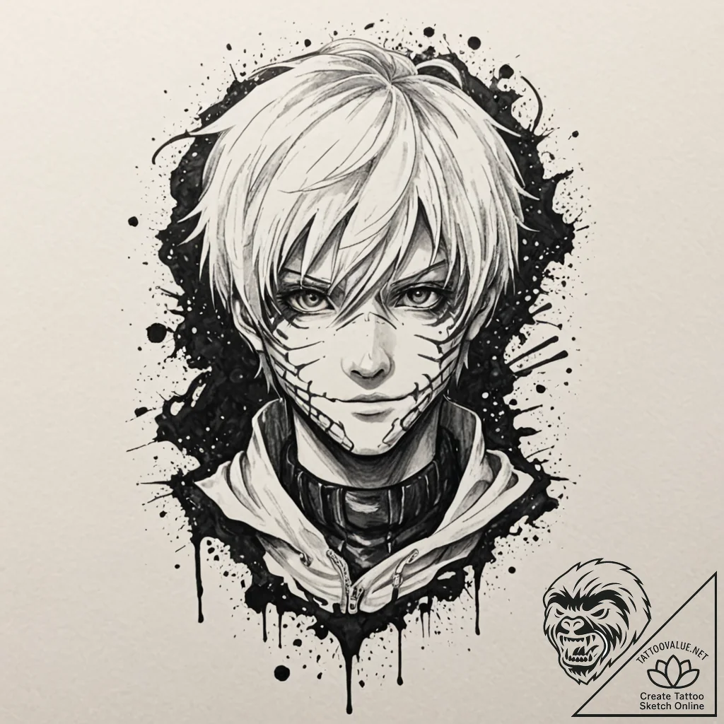 A trash polka composition of ken kaneki from... - tattoo sketch (№1751676774_0, 05.07.2025 00:52) — tattoovalue.net
