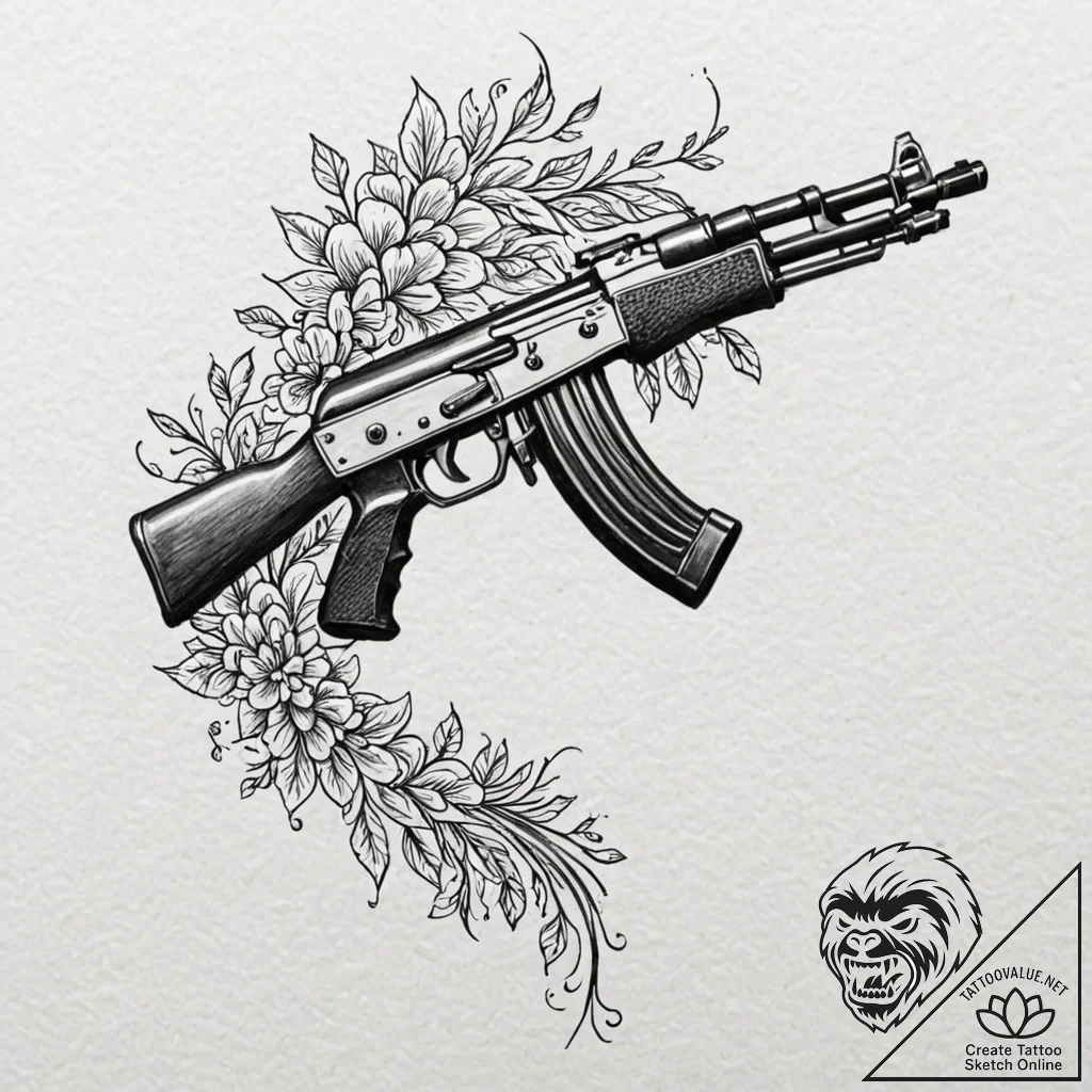 Ak-47 machine gun, tattoo flash sheet design,... - tattoo sketch (№1751676860_0, 05.07.2025 00:54) — tattoovalue.net