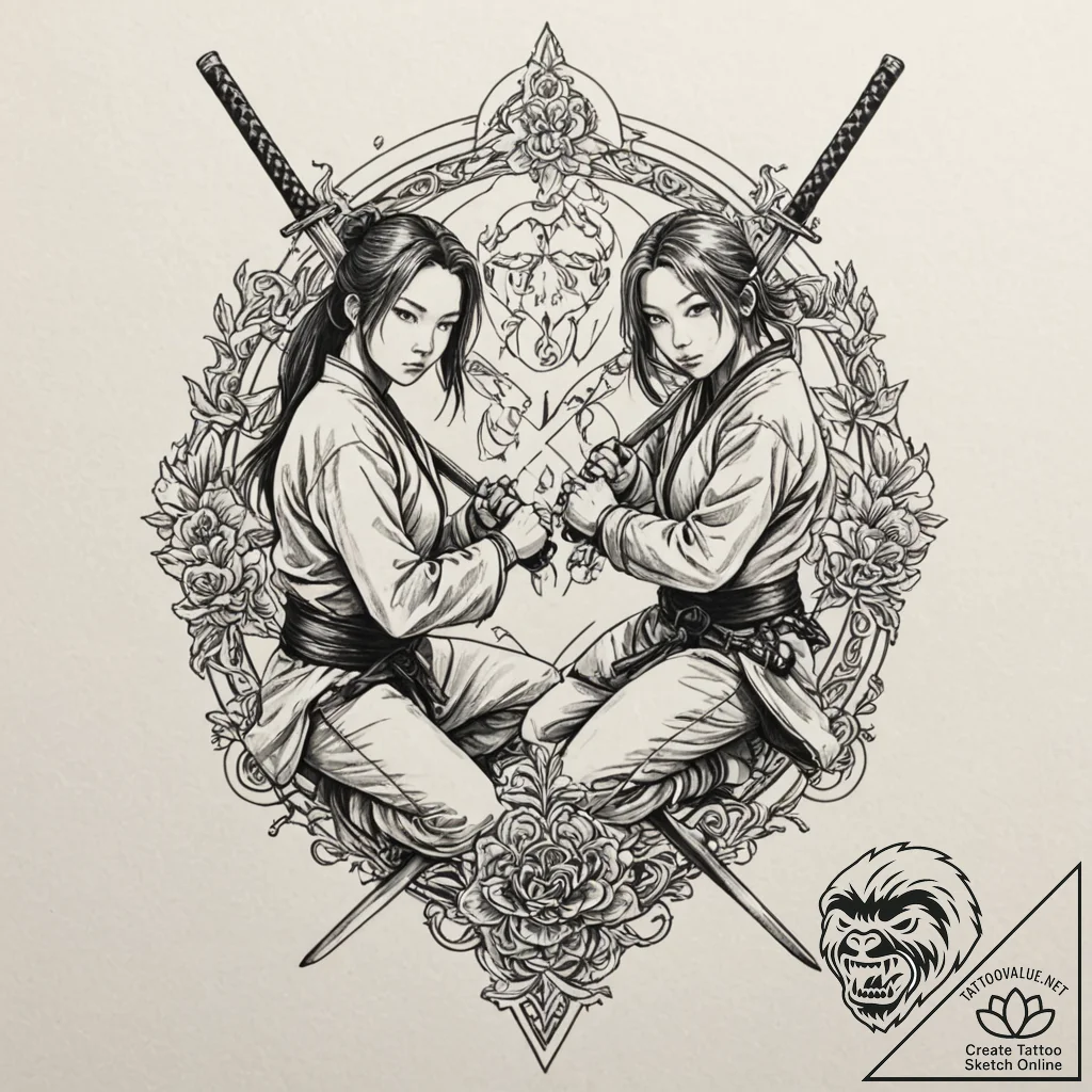 A linework tattoo of two crossed samurai swor... - tattoo sketch (№1751677875_0, 05.07.2025 01:11) — tattoovalue.net