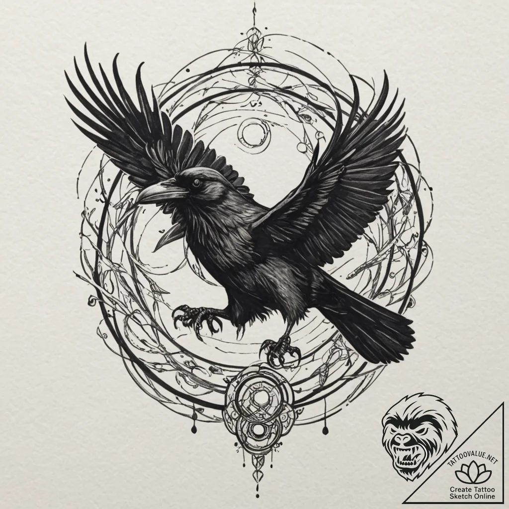 A linework tattoo of a raven, inspired by edg... - tattoo sketch (№1751678223_0, 05.07.2025 01:17) — tattoovalue.net