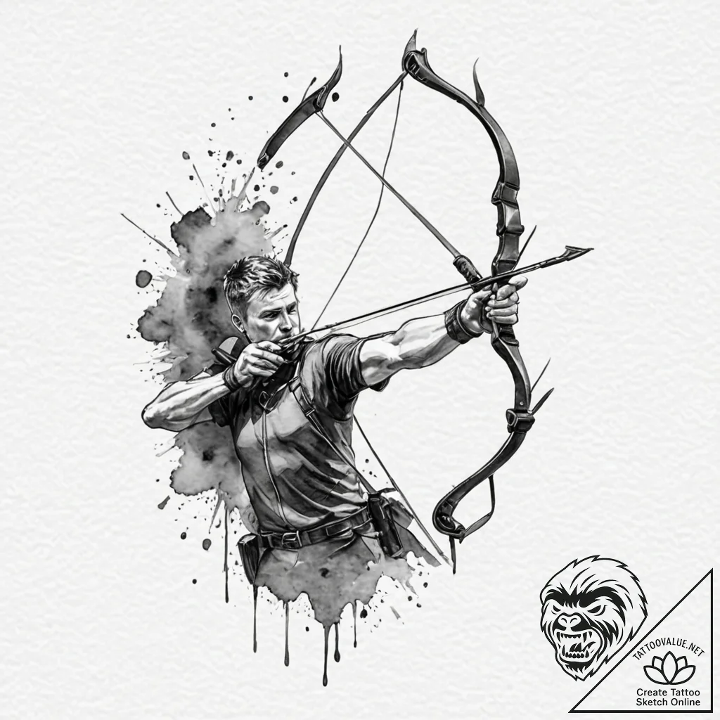 A sketch of hawkeye, drawing his bow, focused... - tattoo sketch (№1751678309_0, 05.07.2025 01:18) — tattoovalue.net