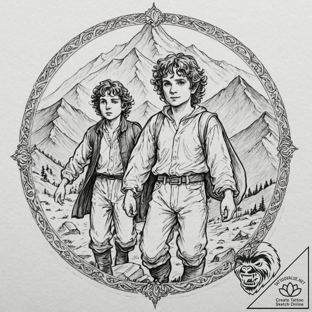 A graphic novel panel of frodo and sam on the... - tattoo sketch (№1751678488_0, 05.07.2025 01:21) — tattoovalue.net