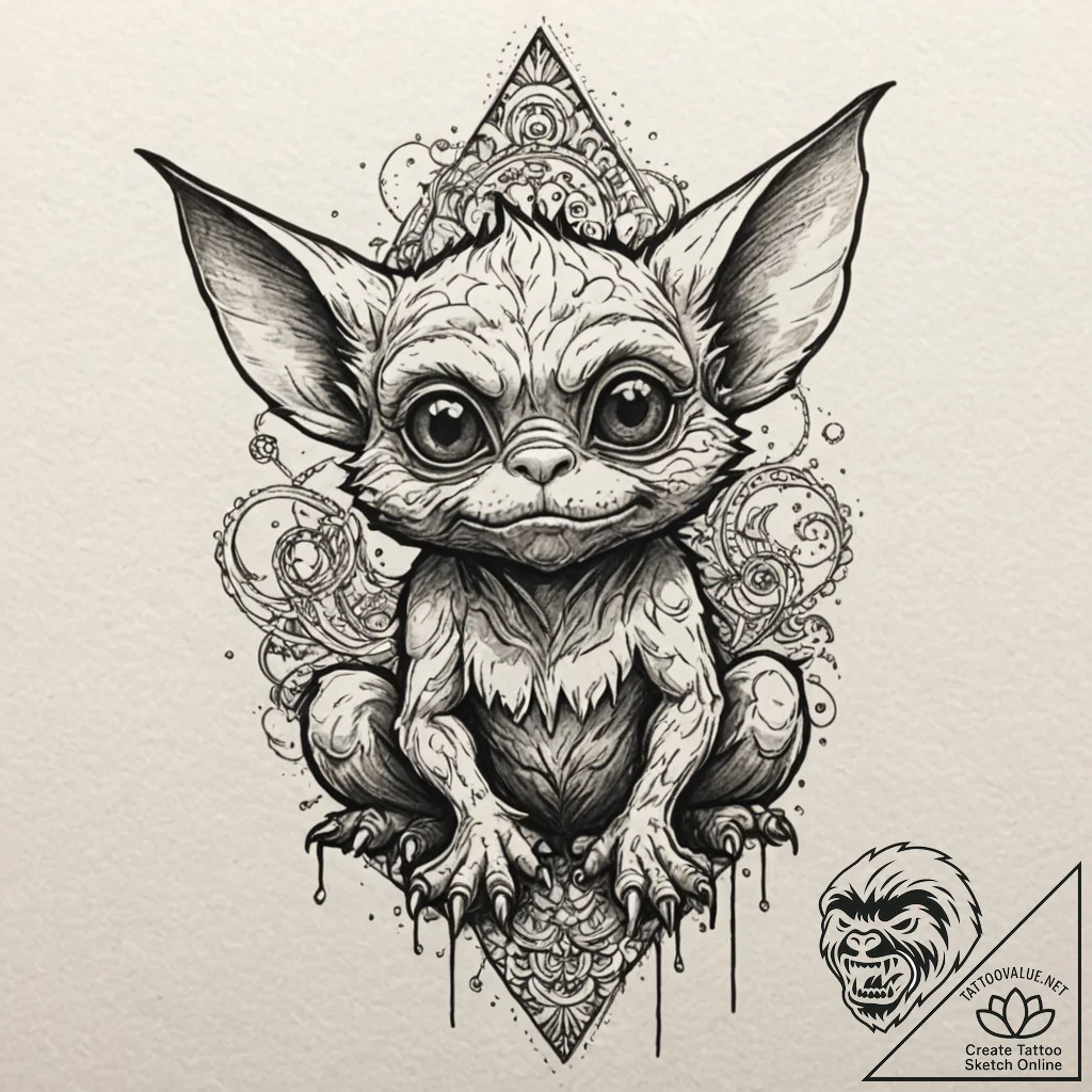 A trash polka tattoo of a gremlin, transformi... - tattoo sketch (№1751678827_0, 05.07.2025 01:27) — tattoovalue.net