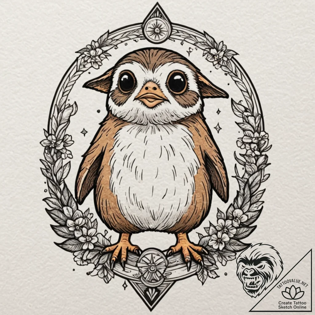 33. neo-traditional tattoo of a porg, cute an... - tattoo sketch (№1751680877_0, 05.07.2025 02:01) — tattoovalue.net