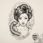 A neo-traditional portrait of tokyo, with her… – tattoo sketch (№1751681130_0, 05.07.2025 02:05) — tattoovalue.net