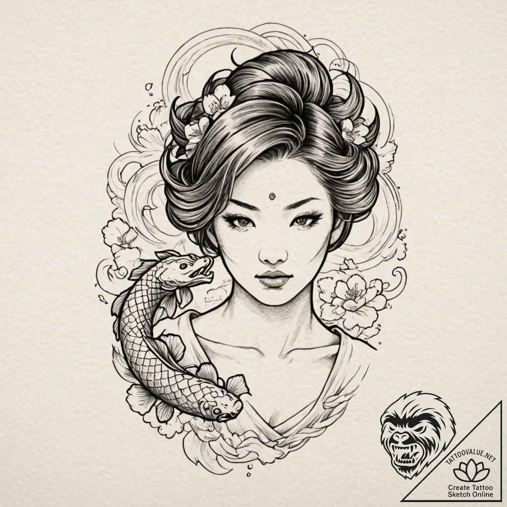 A neo-traditional portrait of tokyo, with her... - tattoo sketch (№1751681130_0, 05.07.2025 02:05) — tattoovalue.net
