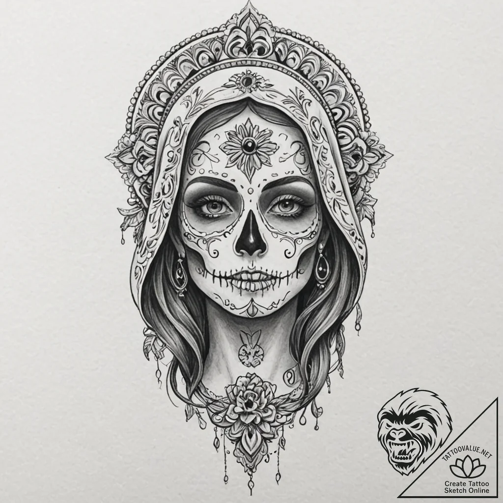Santa muerte, concept art for tattoo, clear i... - tattoo sketch (№1751681215_0, 05.07.2025 02:06) — tattoovalue.net