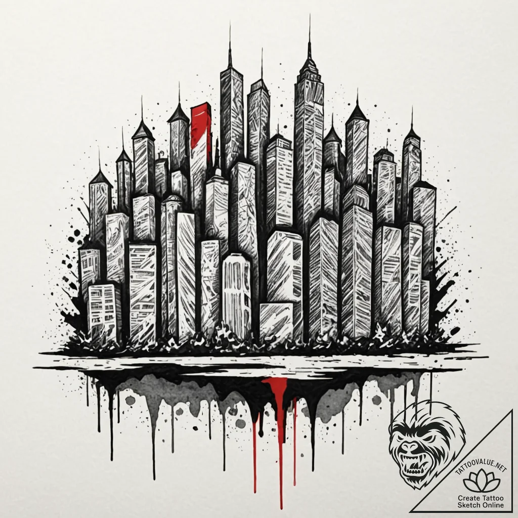 A barcode that morphs into a cityscape, conce... - tattoo sketch (№1751681720_0, 05.07.2025 02:15) — tattoovalue.net