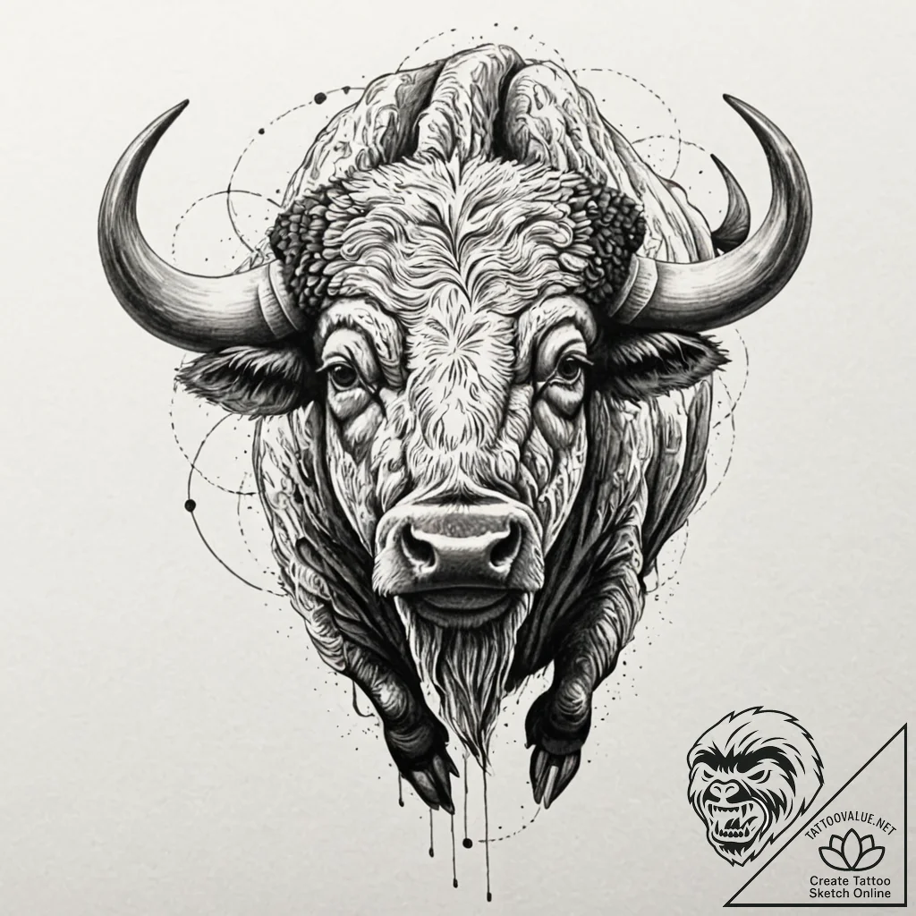 Buffalo, artistic tattoo sketch, on white pap... - tattoo sketch (№1751682140_0, 05.07.2025 02:22) — tattoovalue.net