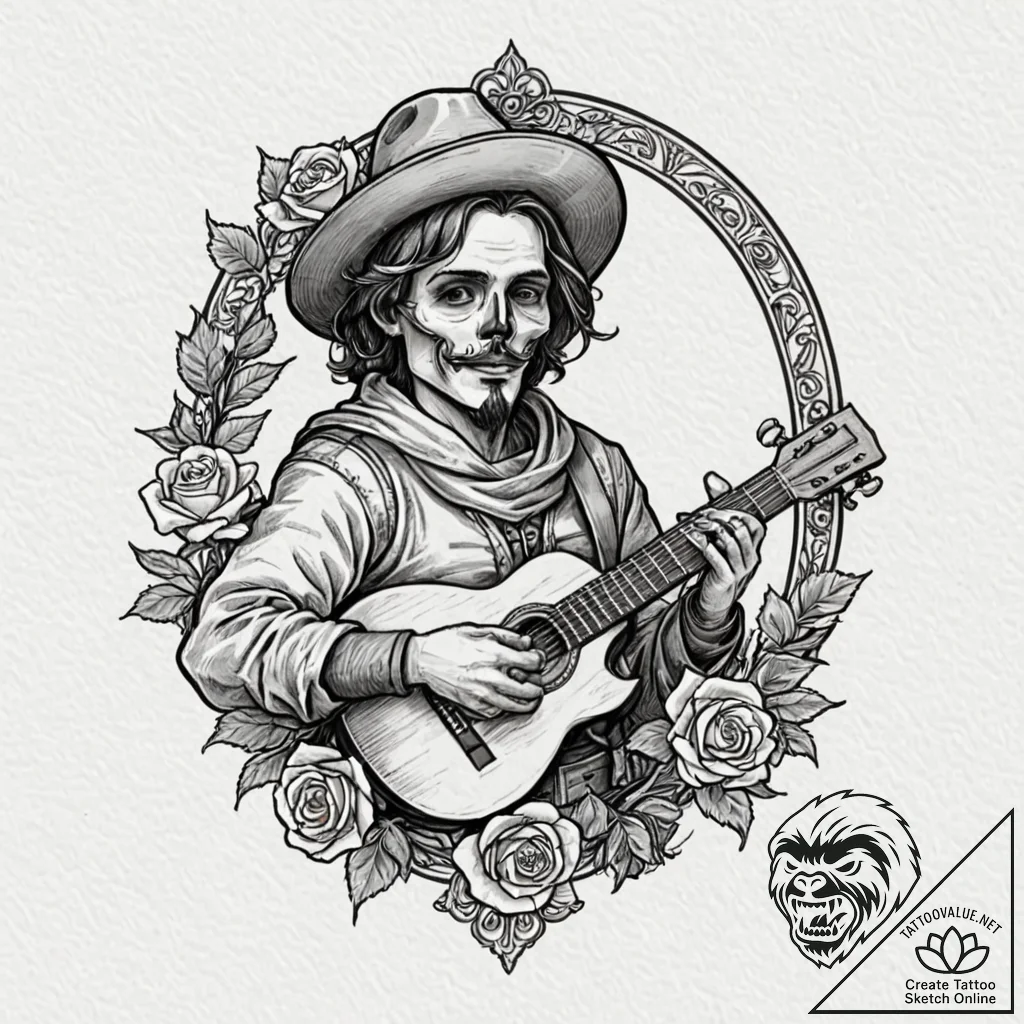 A sketch of jaskier the bard, with his lute a... - tattoo sketch (№1751683677_0, 05.07.2025 02:47) — tattoovalue.net