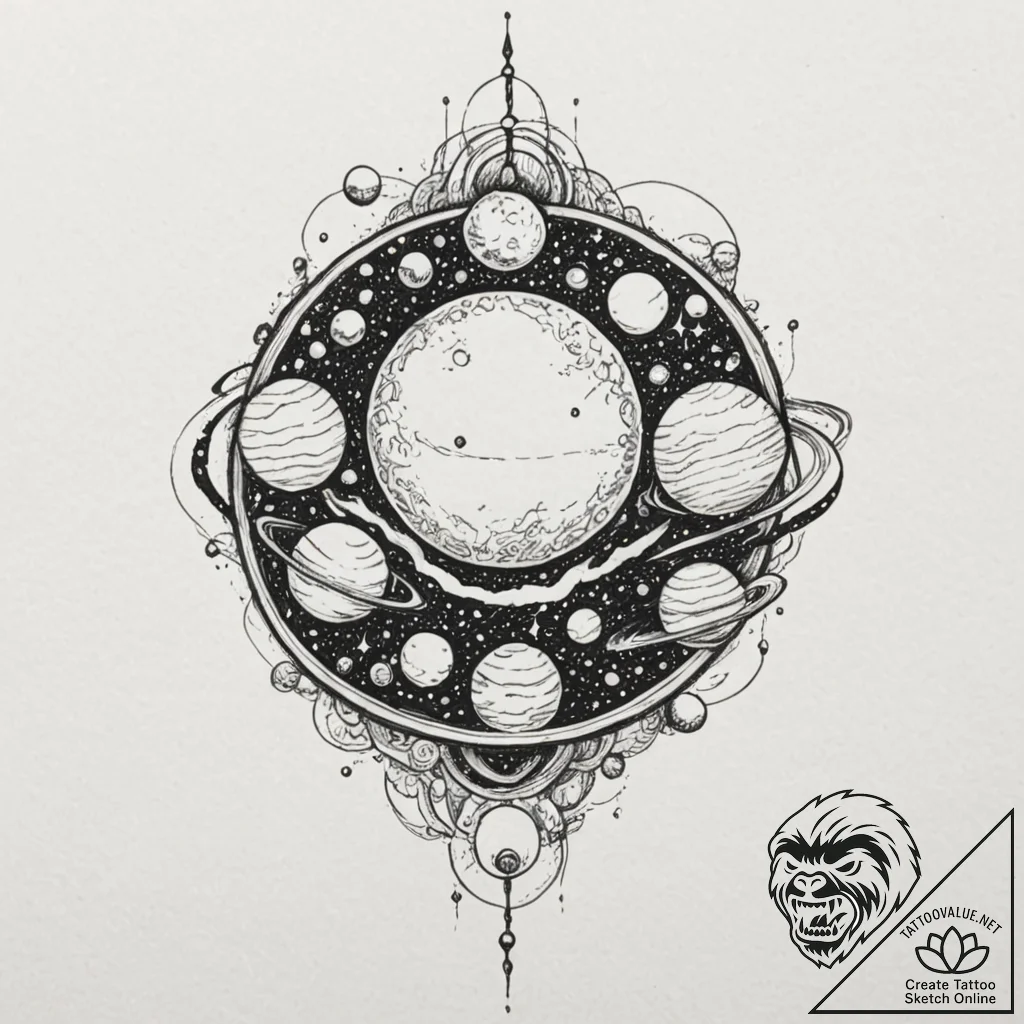 Parade of planets, concept art for tattoo, bl... - tattoo sketch (№1751685135_0, 05.07.2025 03:12) — tattoovalue.net