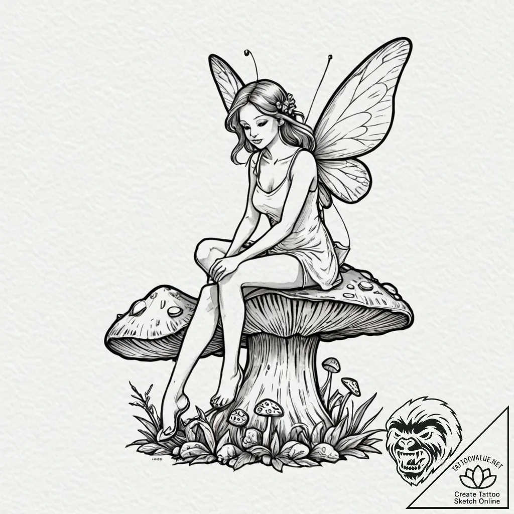 Fairy sitting on a mushroom, tattoo flash she... - tattoo sketch (№1751685304_0, 05.07.2025 03:15) — tattoovalue.net