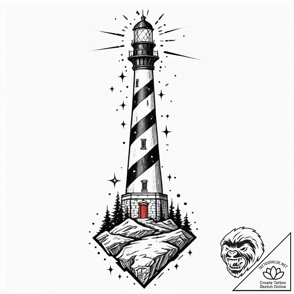 Lighthouse beam revealing constellations, con... - tattoo sketch (№1751687447_0, 05.07.2025 03:50) — tattoovalue.net