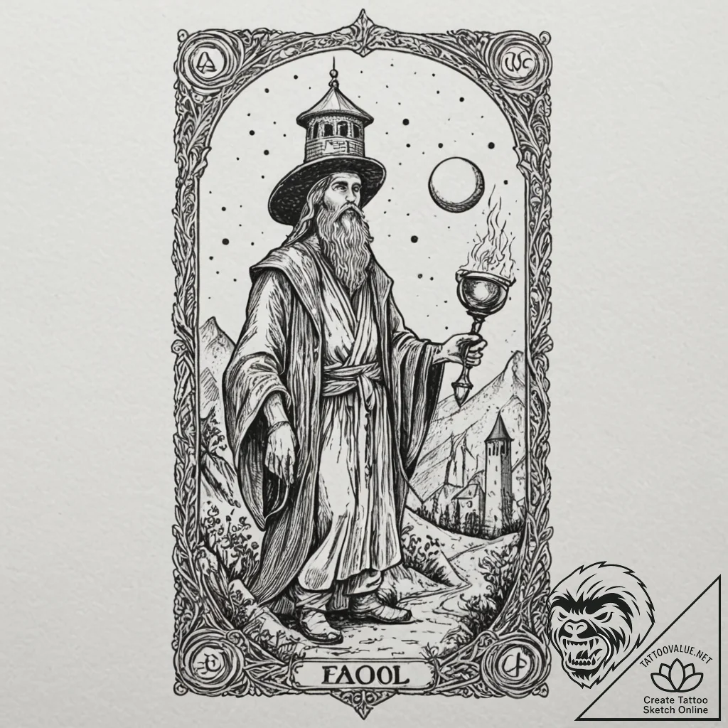A tarot card (e.g., the fool, the hermit, the... - tattoo sketch (№1751689765_0, 05.07.2025 04:29) — tattoovalue.net