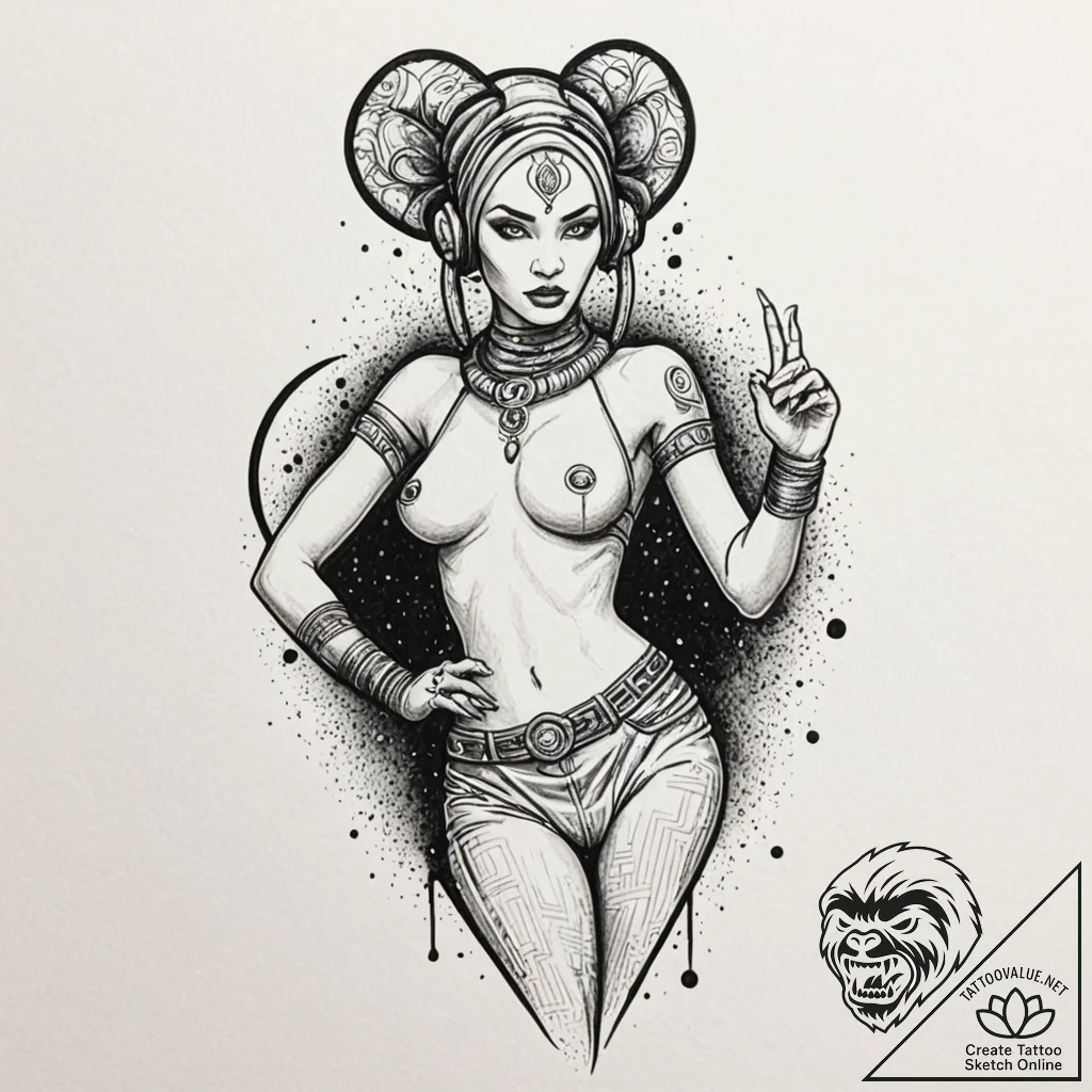 Chicano style art of a beautiful twi'lek danc... - tattoo sketch (№1751689936_0, 05.07.2025 04:32) — tattoovalue.net
