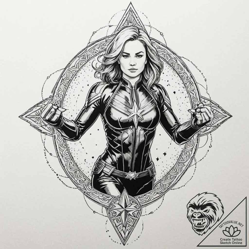 A neo-traditional tattoo of captain marvel, g... - tattoo sketch (№1751690534_0, 05.07.2025 04:42) — tattoovalue.net