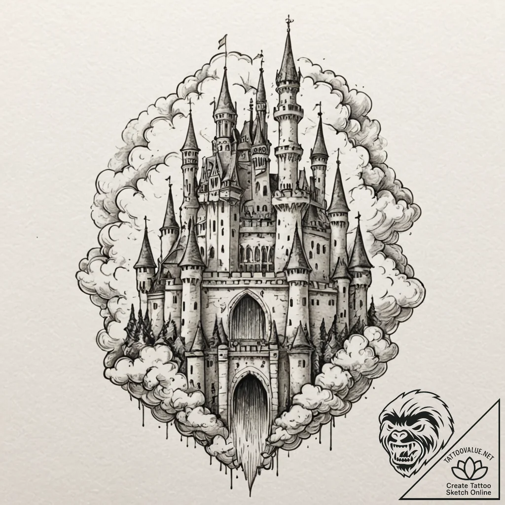 A watercolor sketch of a castle in the clouds... - tattoo sketch (№1751690618_0, 05.07.2025 04:43) — tattoovalue.net