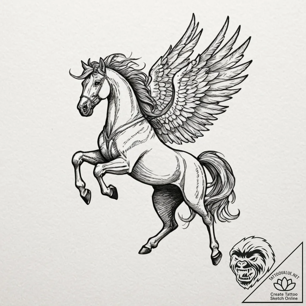 A linework tattoo of a pegasus in flight., in... - tattoo sketch (№1751692806_0, 05.07.2025 05:20) — tattoovalue.net