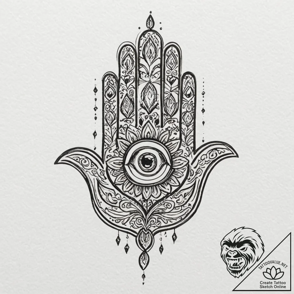 Hamsa, concept art for tattoo, minimalist app... - tattoo sketch (№1751693667_0, 05.07.2025 05:34) — tattoovalue.net