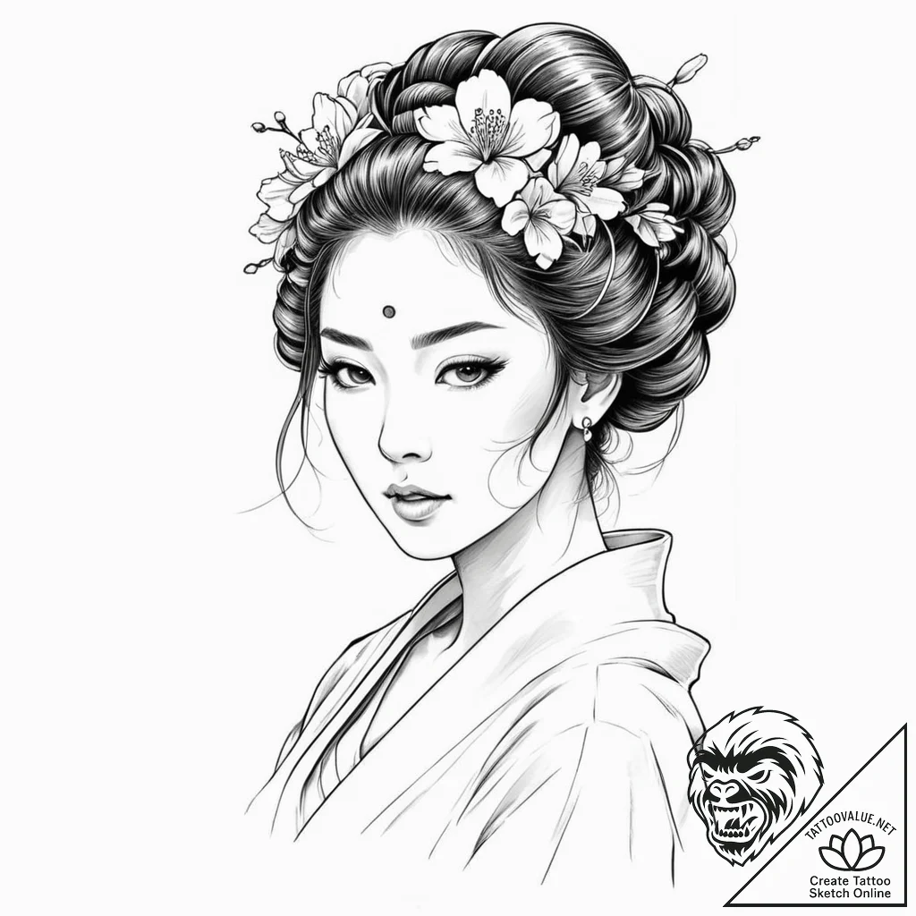 A sketch of the geisha hologram advertisement... - tattoo sketch (№1751693745_0, 05.07.2025 05:35) — tattoovalue.net