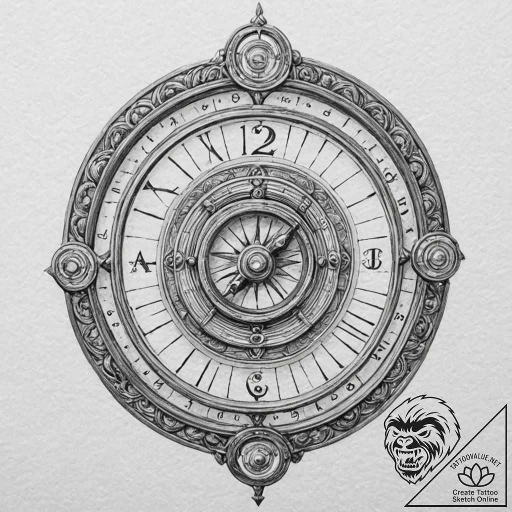 A linework tattoo of a time-turner, intricate... - tattoo sketch (№1751693826_0, 05.07.2025 05:37) — tattoovalue.net