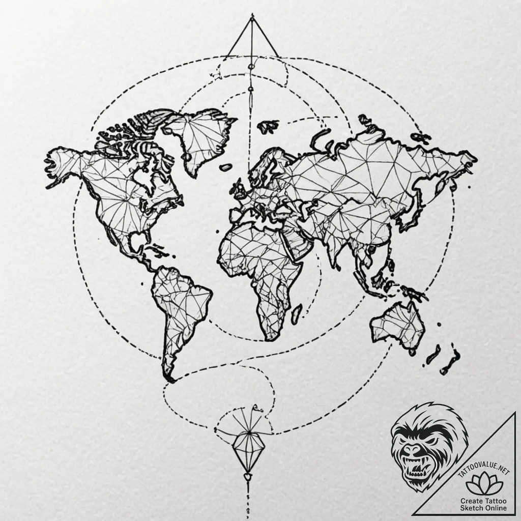 World map, tattoo drawing outline, masterpiec... - tattoo sketch (№1751694318_0, 05.07.2025 05:45) — tattoovalue.net