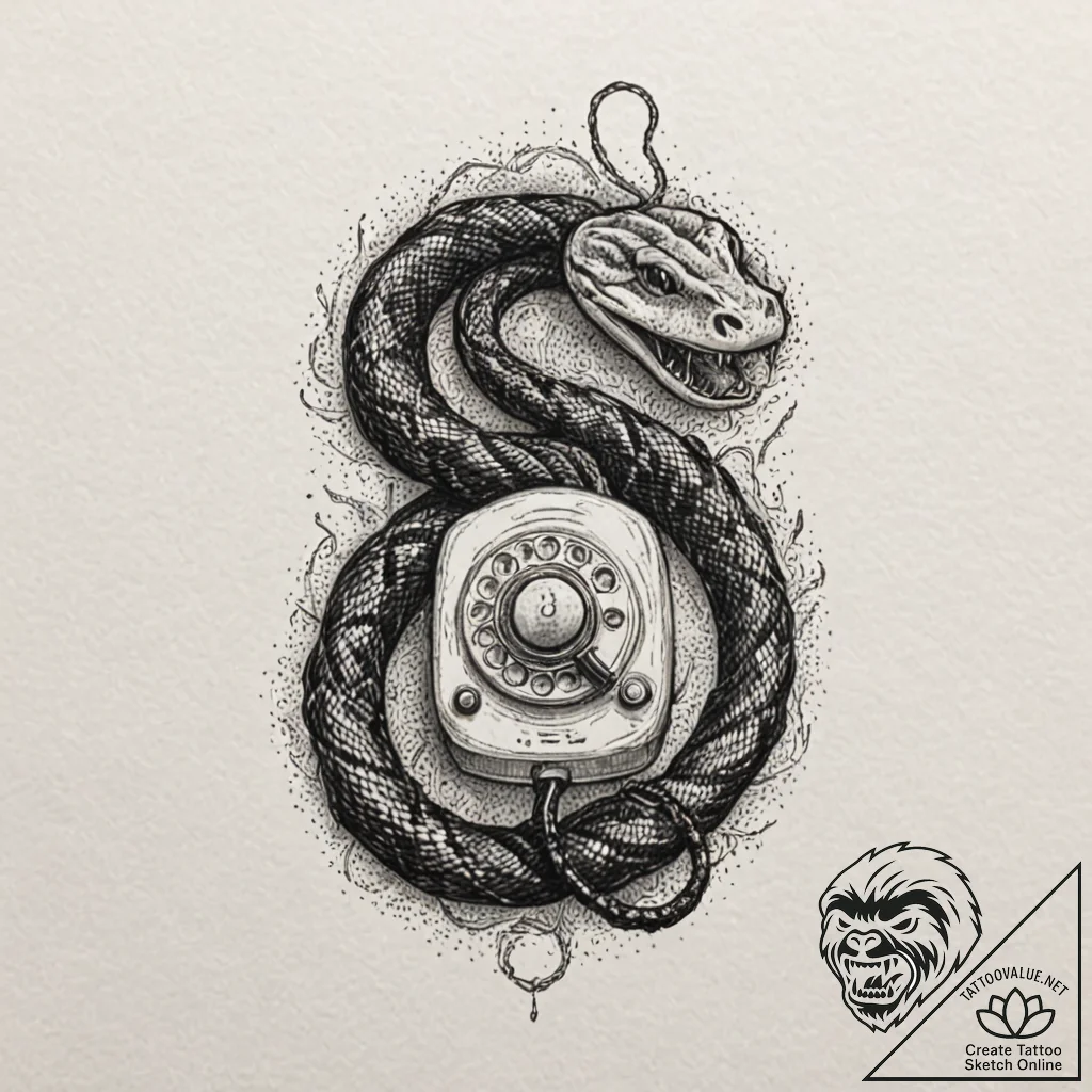 A telephone with its cord turning into a snak... - tattoo sketch (№1751695925_0, 05.07.2025 06:12) — tattoovalue.net