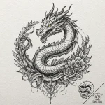 Dragon guarding a hoard of gold, tattoo line… – tattoo sketch (№1751696452_0, 05.07.2025 06:20) — tattoovalue.net