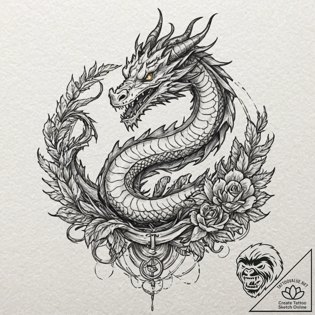 Dragon guarding a hoard of gold, tattoo line... - tattoo sketch (№1751696452_0, 05.07.2025 06:20) — tattoovalue.net