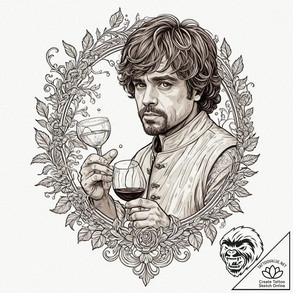 A sketch of tyrion lannister with a glass of... - tattoo sketch (№1751696536_0, 05.07.2025 06:22) — tattoovalue.net