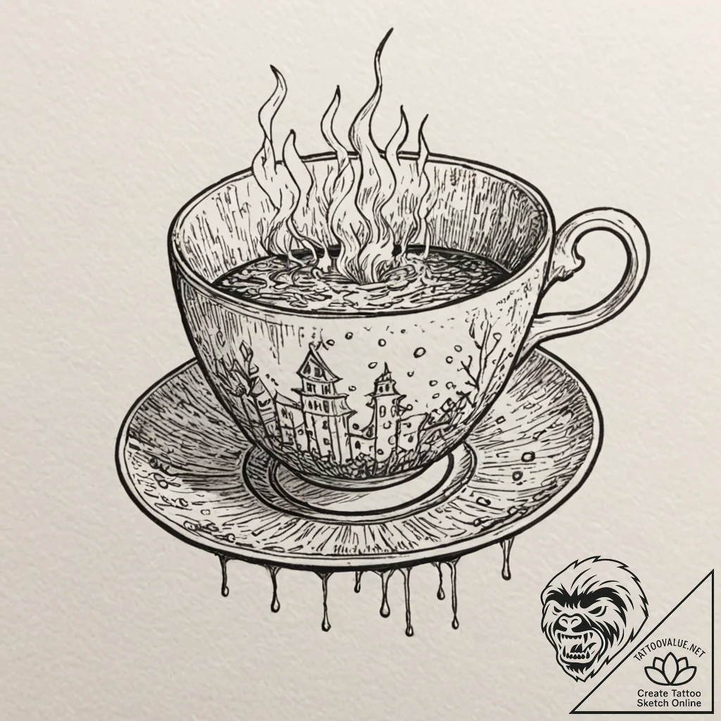 A graphic novel panel of the "teacup" scene f... - tattoo sketch (№1751698201_0, 05.07.2025 06:50) — tattoovalue.net