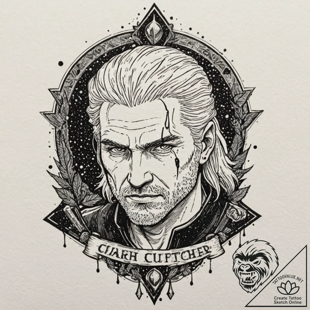 A trash polka tattoo of geralt of rivia, his... - tattoo sketch (№1751701141_0, 05.07.2025 07:39) — tattoovalue.net