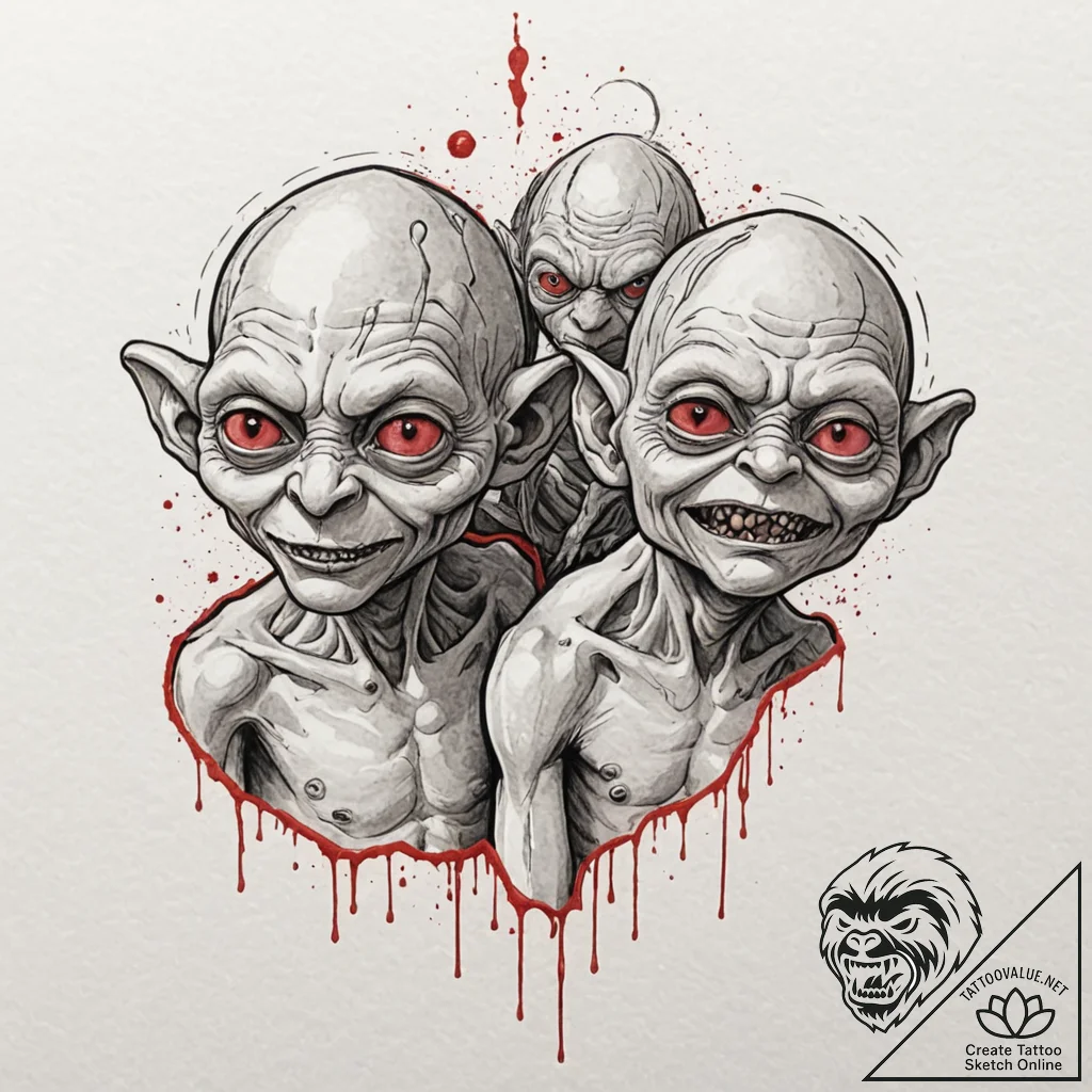 A sketch of gollum/smeagol, his face split be... - tattoo sketch (№1751701393_0, 05.07.2025 07:43) — tattoovalue.net