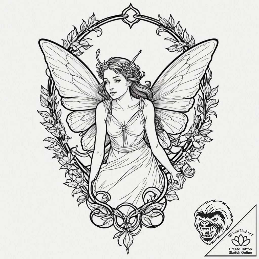 Fairy, ink illustration for tattoo, stylized... - tattoo sketch (№1751701656_0, 05.07.2025 07:47) — tattoovalue.net