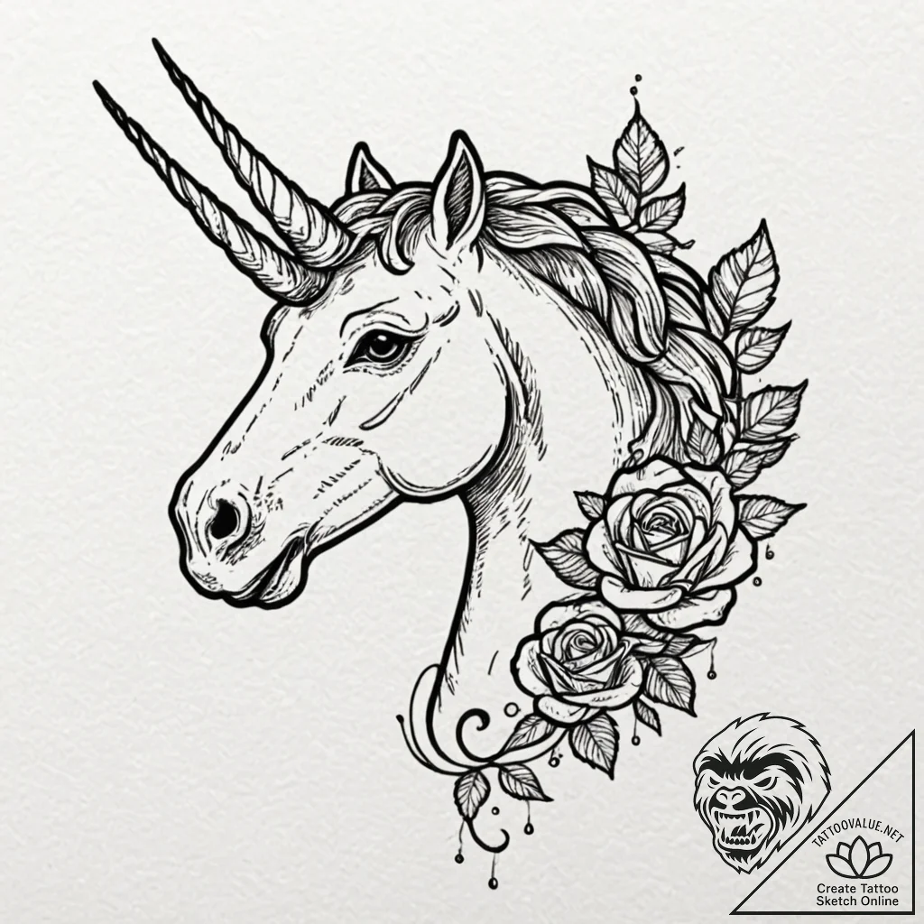 Unicorn, ink illustration for tattoo, subtle... - tattoo sketch (№1751702612_0, 05.07.2025 08:03) — tattoovalue.net