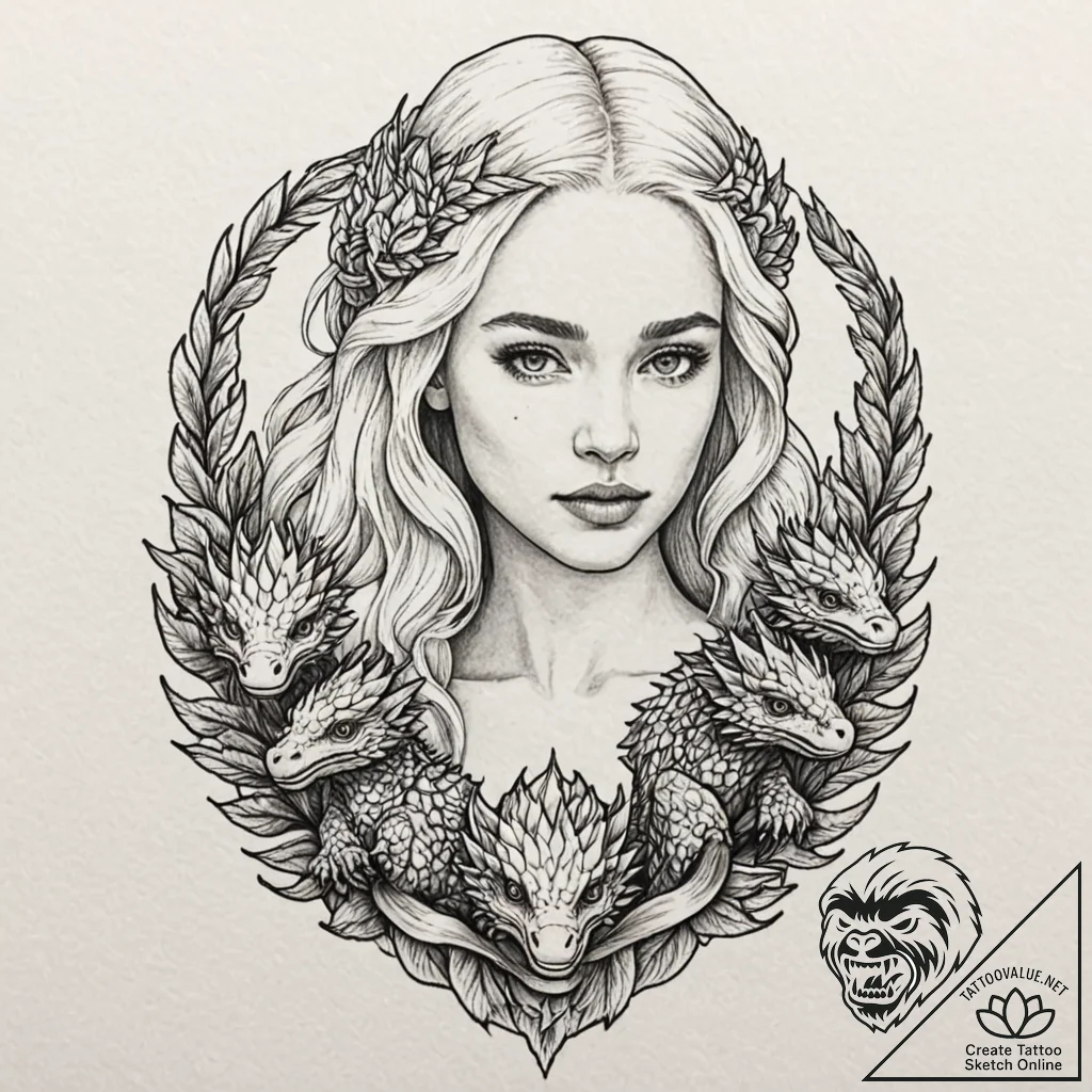 A neo-traditional portrait of daenerys targar... - tattoo sketch (№1751708828_0, 05.07.2025 09:47) — tattoovalue.net